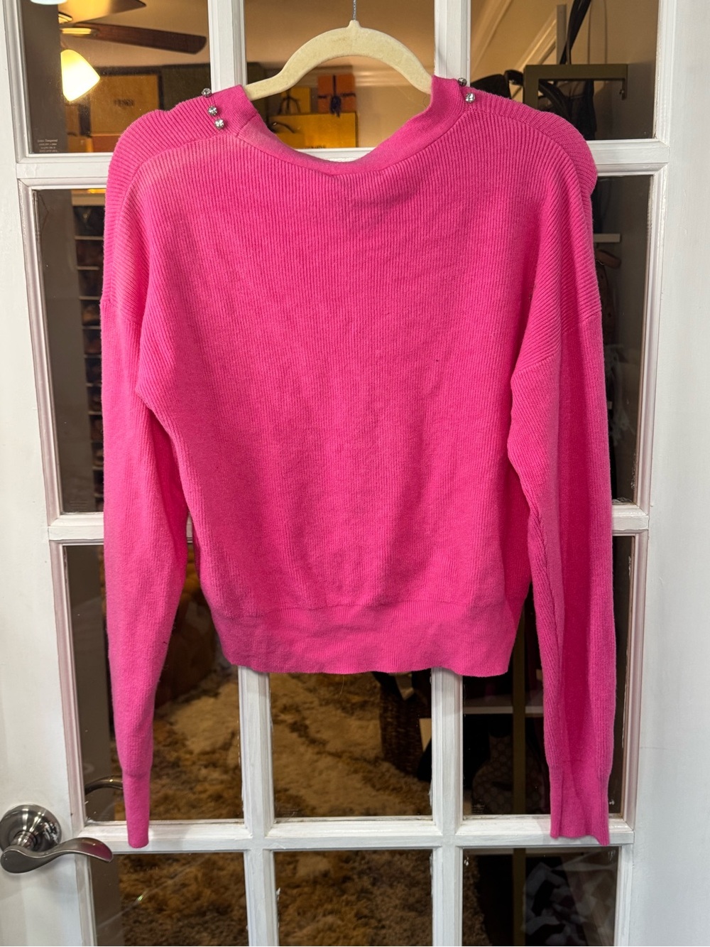 🪩🩷💕 Milano Hot Pink V-Neck Crystal-Trim Bling Embellished Cardigan Sweater 💕🩷🪩 - Picture 4 of 9